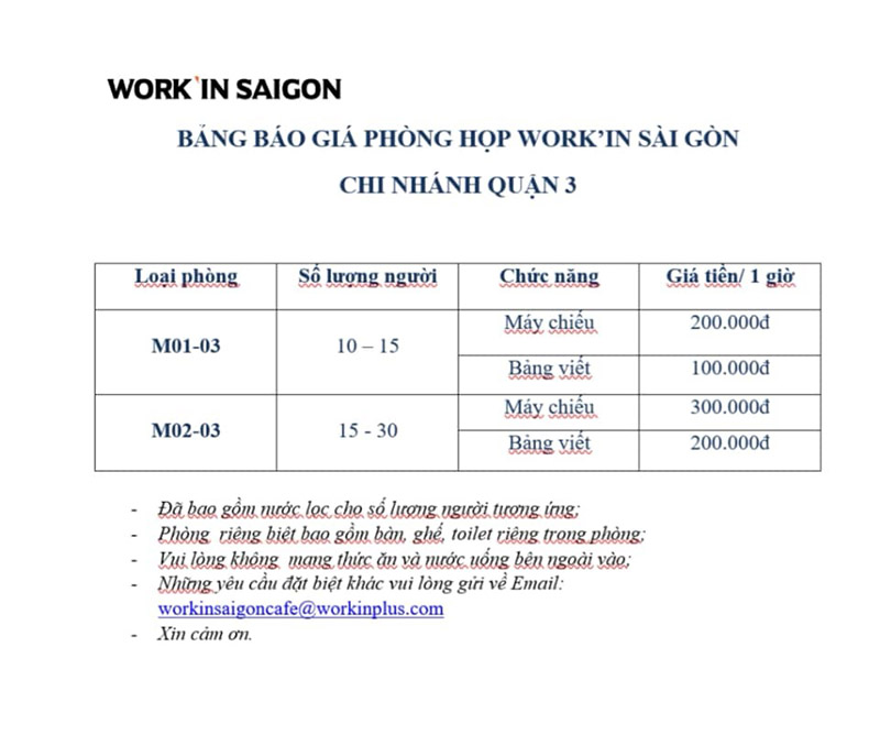 Báo giá phòng họp tại Work'in Saigon Cafe