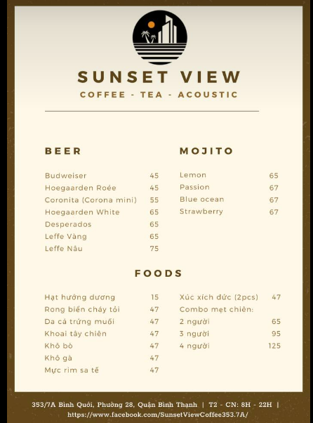 Menu của Sunset View